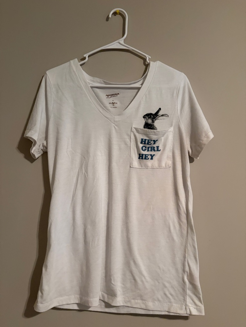 Arizona Jean Company White V-Neck Pocket Tee with Rabbit - “Hey Girl Hey”